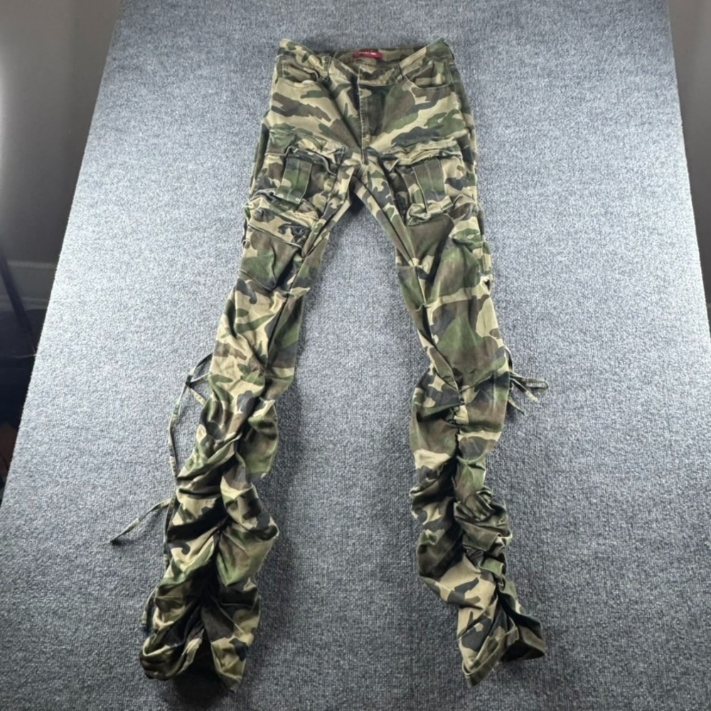 Smoke‎ Rise Mens L Camo Skinny Slim Cargo Pants Army Military Woodland Stacked